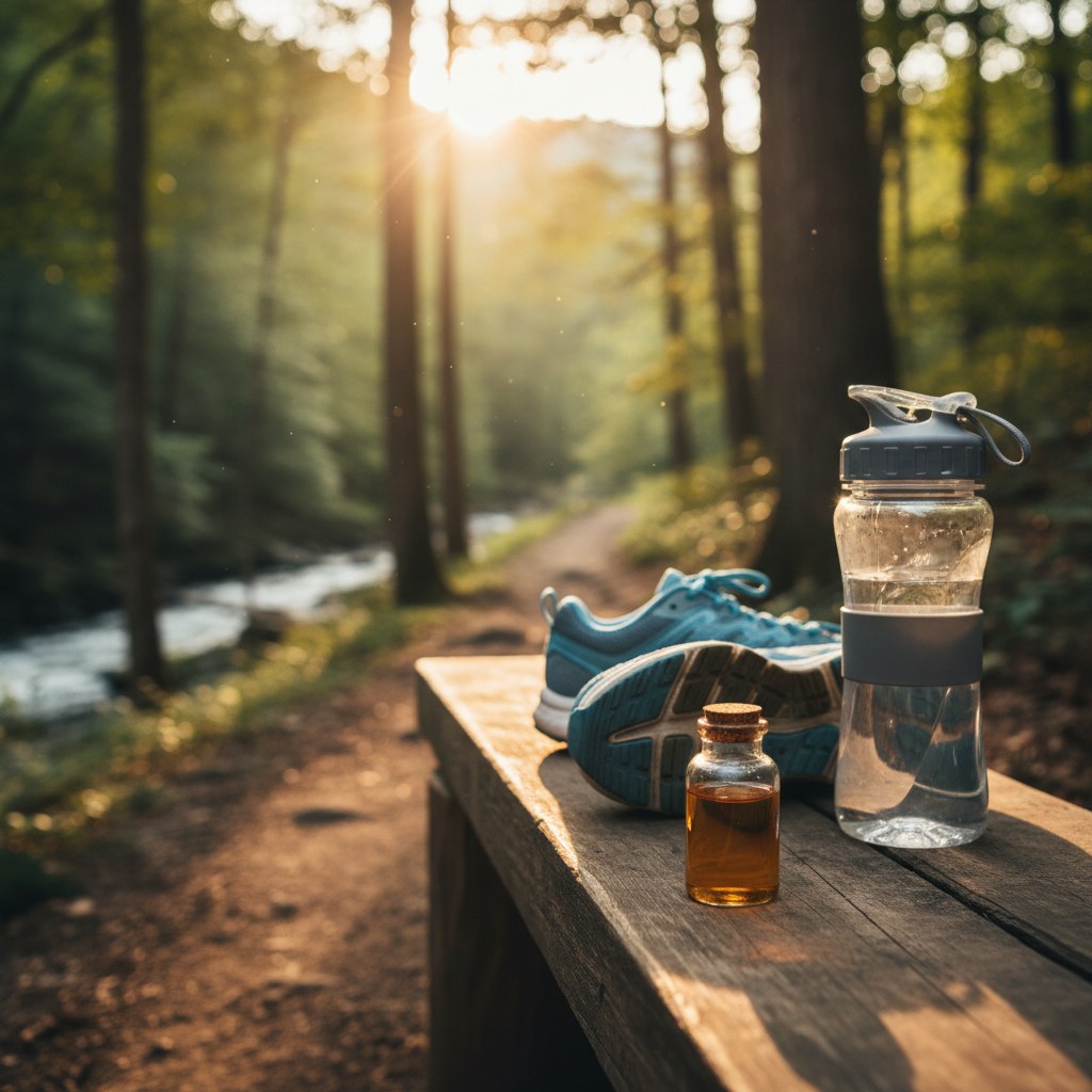 Peptide vial and running gear on a rustic bench in an East Tennessee mountain-trail setting